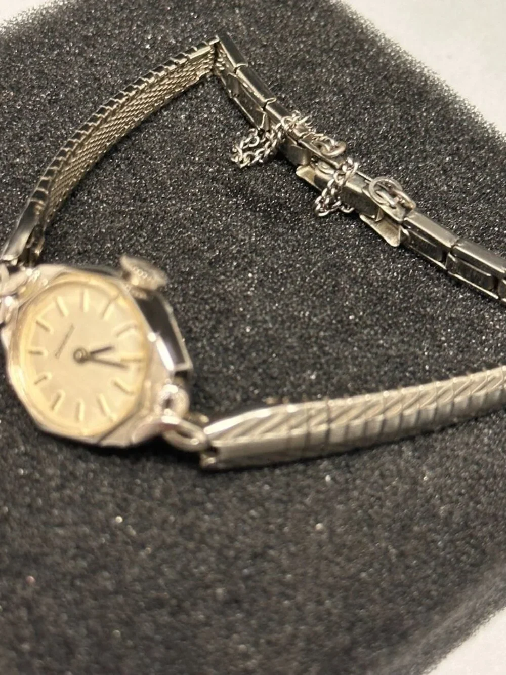 Caravelle Watch Silver Tone Small Dial 16MM Dainty Safety Chain Manual Wind